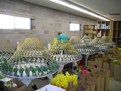 Some of the 18 fletching tables where arrows are made